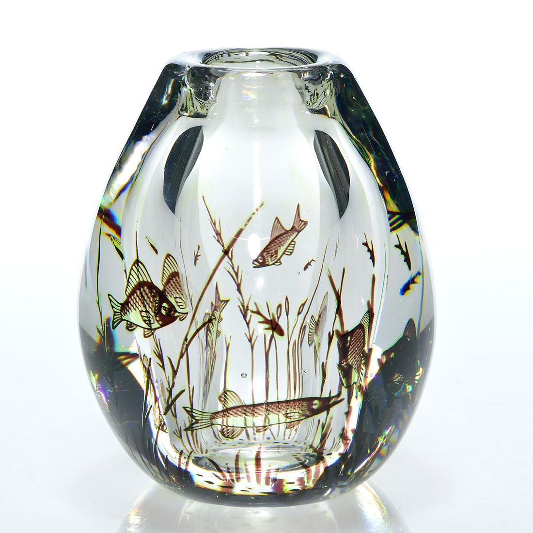 Orrefors Graal vase, Edward Hald, barracuda, 4 1/2: Orrefors Graal vase by Edward Hald that has a fearsome barracuda lurking the seaweed near a gullible school of fish. Measures 5 inches by 4 1/2 inches across. Engraved Orrefors, Graal, 26426, II, Hald
