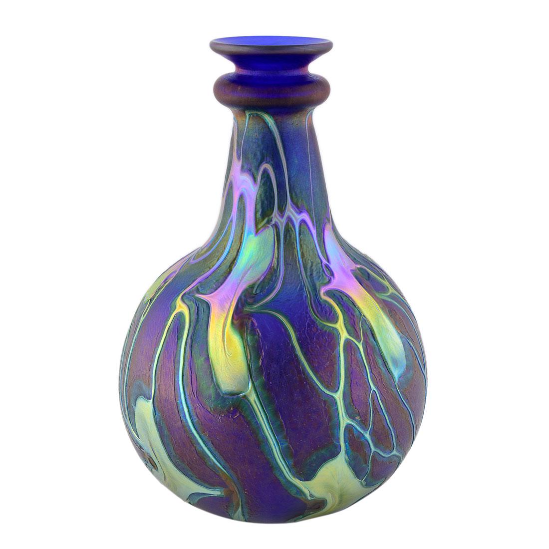 John Lotton Metallic blue vase, Leaf & Vine, 10”,: Good John Lotton Metallic blue gourd vase surrounded by a golden design of oblong leaves fastened by amber inclusions onto a web of vines. Height is 10 inches. Engraved John Lotton with the creative y