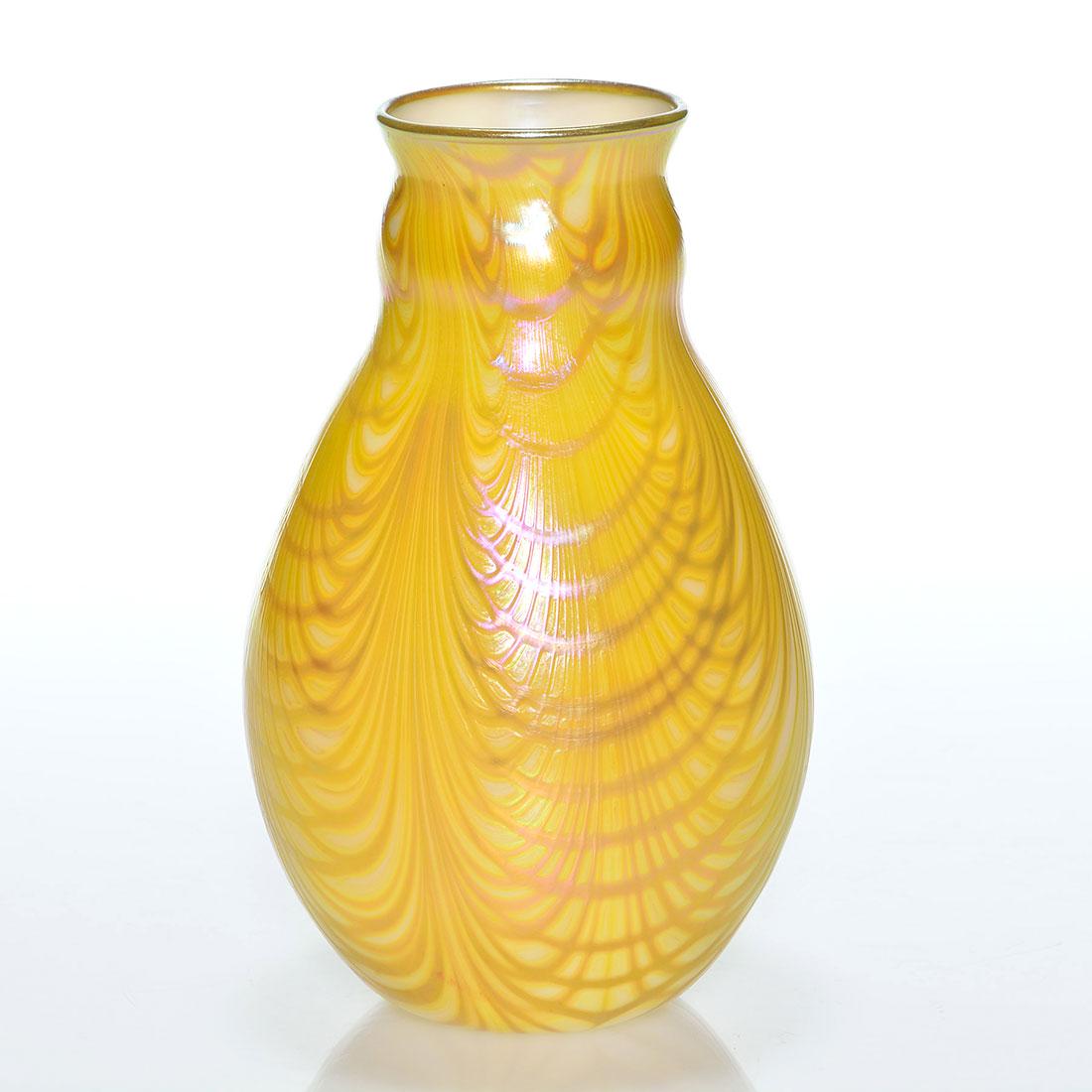 Early Charles Lotton vase, Lincoln Drape, 7 1/4”,: Early Charles Lotton gourd vase with the double Lincoln Drape designs in gold and yellow over white. Height is 7 1/4 inches. Engraved Charles Lotton beside the 1977 year. Wonderful precise imitation o
