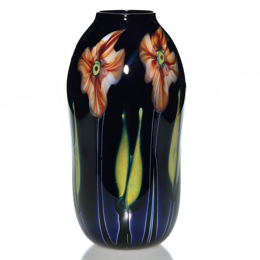 Early C. Lotton black lavender vase, orange, 11: Early Charles Lotton black amethyst gourd vase with five ruby white blossoms alternating with olive split foliage, each on silver highlighted ebony stems. Height is 11 inches. Engraved Charles Lotton,