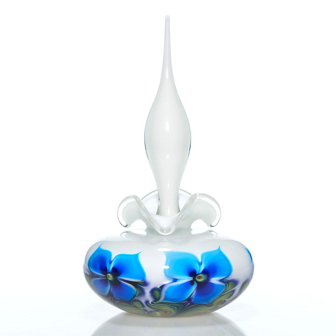 Daniel Lotton opal stoppered perfume, blue floral,9 5/8: Large Daniel Lotton opal perfume with ruffled collar and turquoise blue flowers on fern-like stems accessorized with a large opal teardrop stopper. Measures 9 5/8 inches and 5 3/4 inches across. Engra