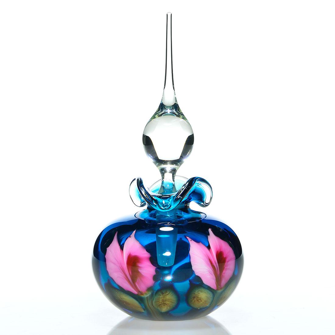 Daniel Lotton perfume, Prussian Blue, floral, 10 1/2": Large Daniel Lotton Prussian blue perfume with pretty pink blossoms on short green stalks created in 1999. The tri-scalloped rim accepts a nice crystal teardrop stopper. Combined height is 10 1/2 inch