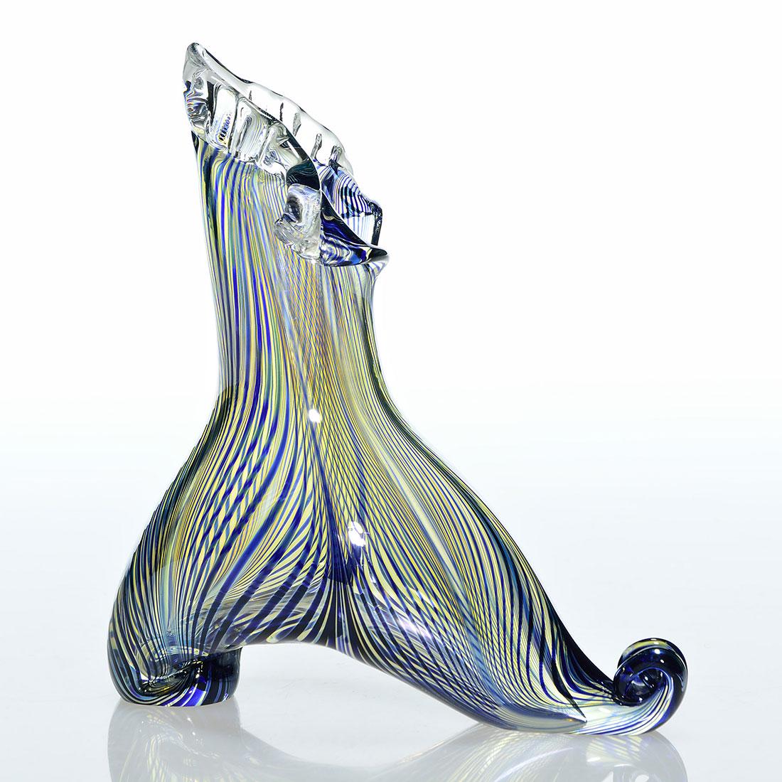 Limited Edition C. Lotton high top slipper, 6 1/4”: Limited Edition high top slipper created by Charles Lotton in 1988. Charles pulled veins throughout, sheared the top adding a ruffled trim then curled the heel and toe. Artist engraved with the early 