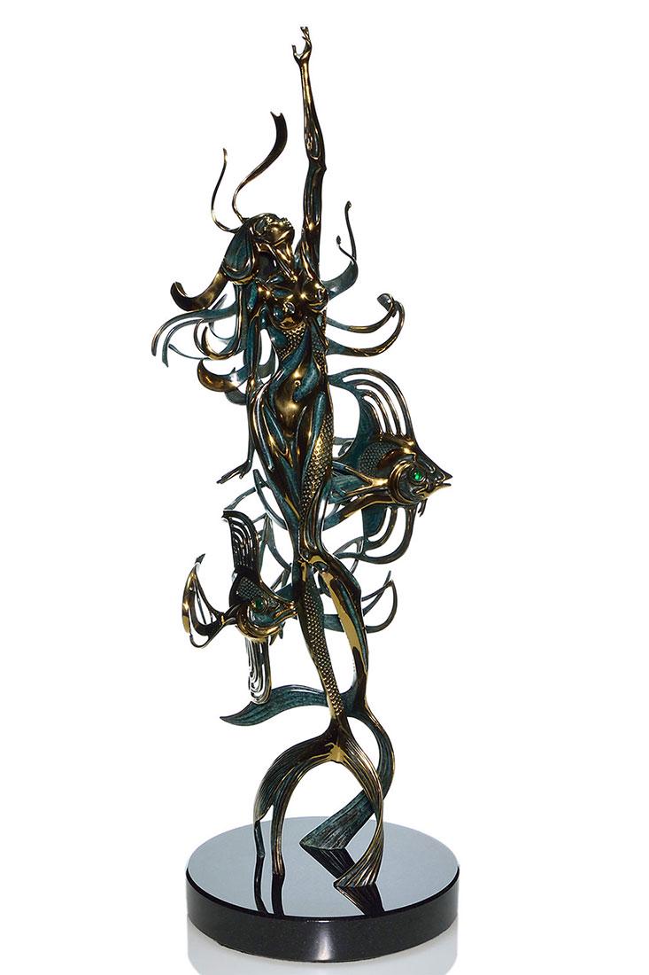 John Jagger mermaid sculpture, marble base, 38": Large John Jagger bronze mermaid with two green eyed fish sitting on a black marble base. Signed by the artist and number 71 of 300 on the inside of the mermaid. Height 38 inches. Excellent condition 