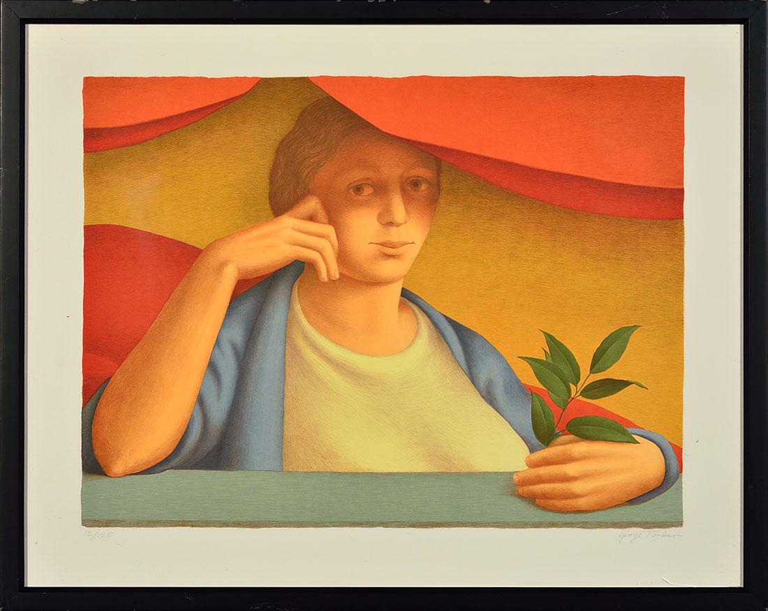 George Tooker color litho, “Sprig of Laurel": George Tooker (American, New York, Vermont, 1920 - 2011) color lithograph, “Woman Holding a Sprig of Laurel” number 12 in a series of 125. Signed lower right and numbered lower left. Published by