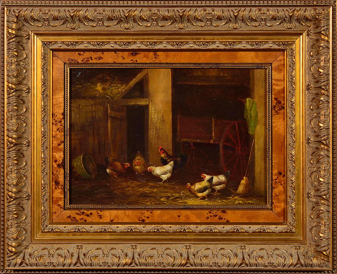 Oil on Board painting, chickens, 10X14, J.D. Sorver: J.D. Sorver (American, Pennsylvania late 19th Century) charming oil painting on artist board showing a group of chickens in a barn with a wagon and rake. Thought to be Joseph D. Sorver who exhibited i