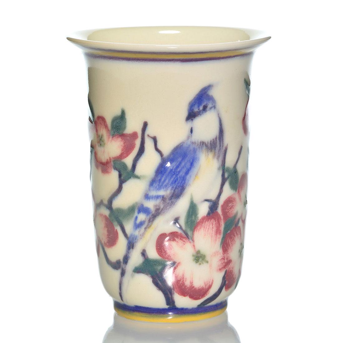 Rookwood Porcelain vase, birds, Hurley, 1946, 6306,: Very pretty Porcelain vase decorated with a pair of blue jays perched on dogwood branches, the work of E.T. Hurley in 1946. Marks include the Rookwood logo, date, shape 6306 and Mr. HurleyÂ’s monog