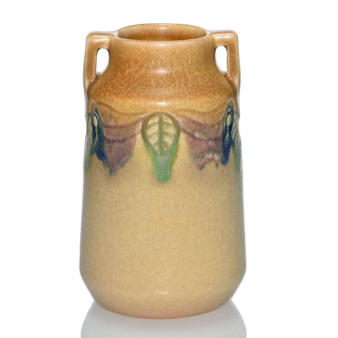 Rookwood mat vase, C.S. Todd, floral, 1918, 2076,: Rookwood twin handled vase with incised floral decoration done by C.S. Todd in 1918. The flowers are in shades of green, blue, rose and yellow on a tan ground. Marks include the company logo, the date