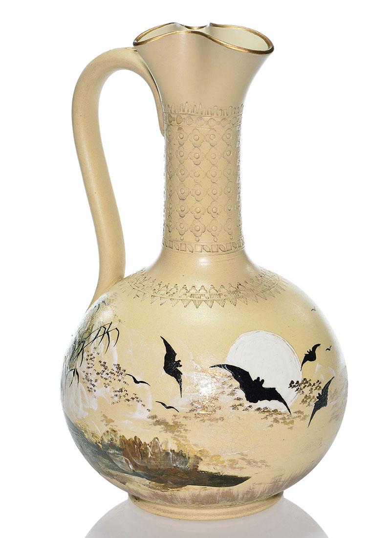 Rookwood Dull Finish ewer, bats, moon, Nichols,: Classic Rookwood Pottery ewer by Maria Longworth Nichols decorated with a dozen bats flying past a full moon done in 1882. Done in Dull Finish on yellow clay, the ewer has an intricately decorated nec