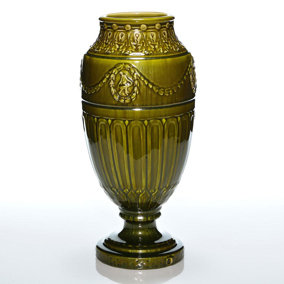 Rookwood Aventurine lamp vase, 1920, 2515, 15 7/8”: Rookwood Aventurine lamp vase with classical figures and swags, a William McDonald design, done in 1920. Marks include the company logo, the date and shape number 2515. Height 15 7/8 inches. The Shape