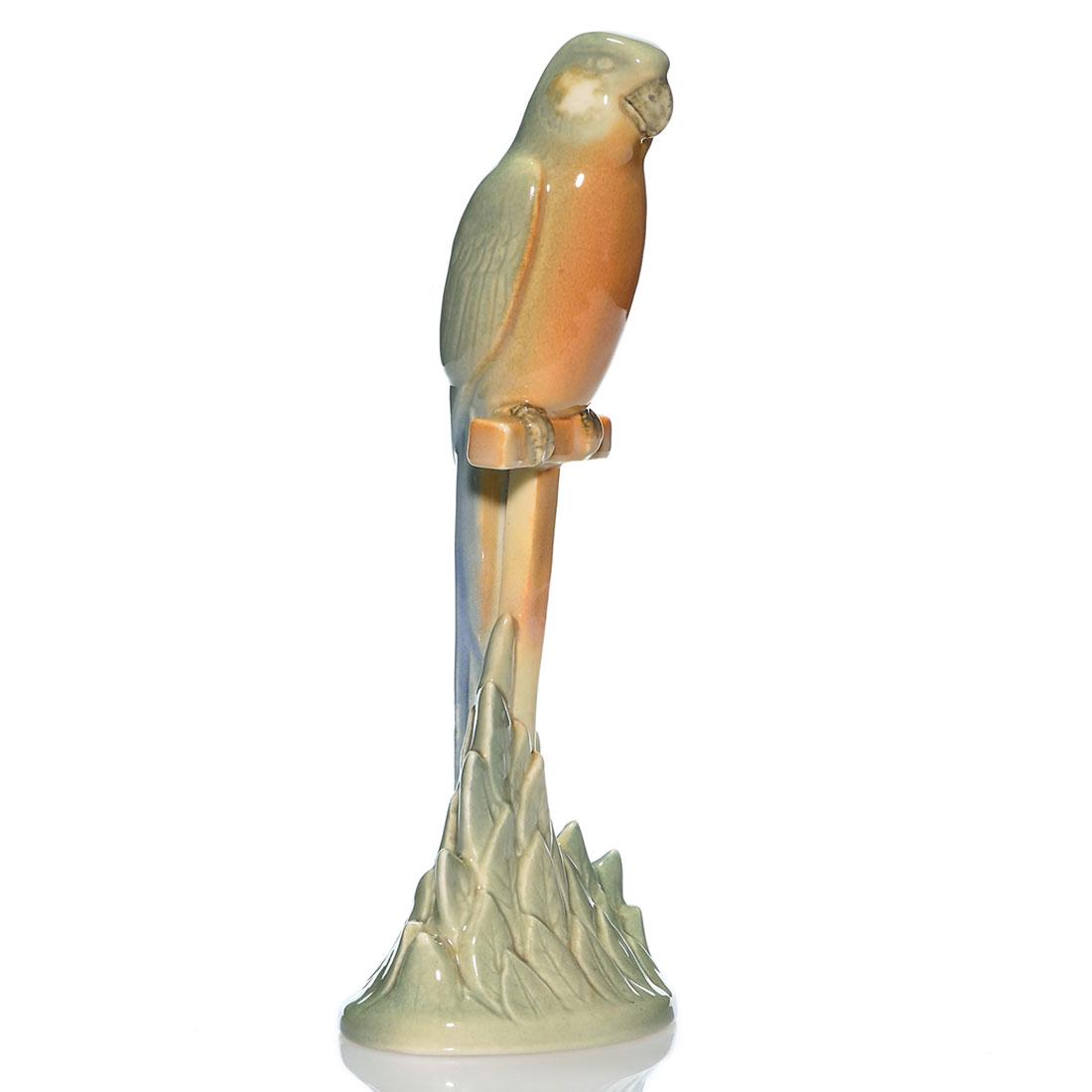 Rare Parrot on a Perch figural, KS design, 1943, 12: Rare Parrot on a Perch figural, a Shirayamadani design made at Rookwood in 1943. The glossy polychromed finish is done in shades of blue, green and rust. Marks include the company logo, the date, shap