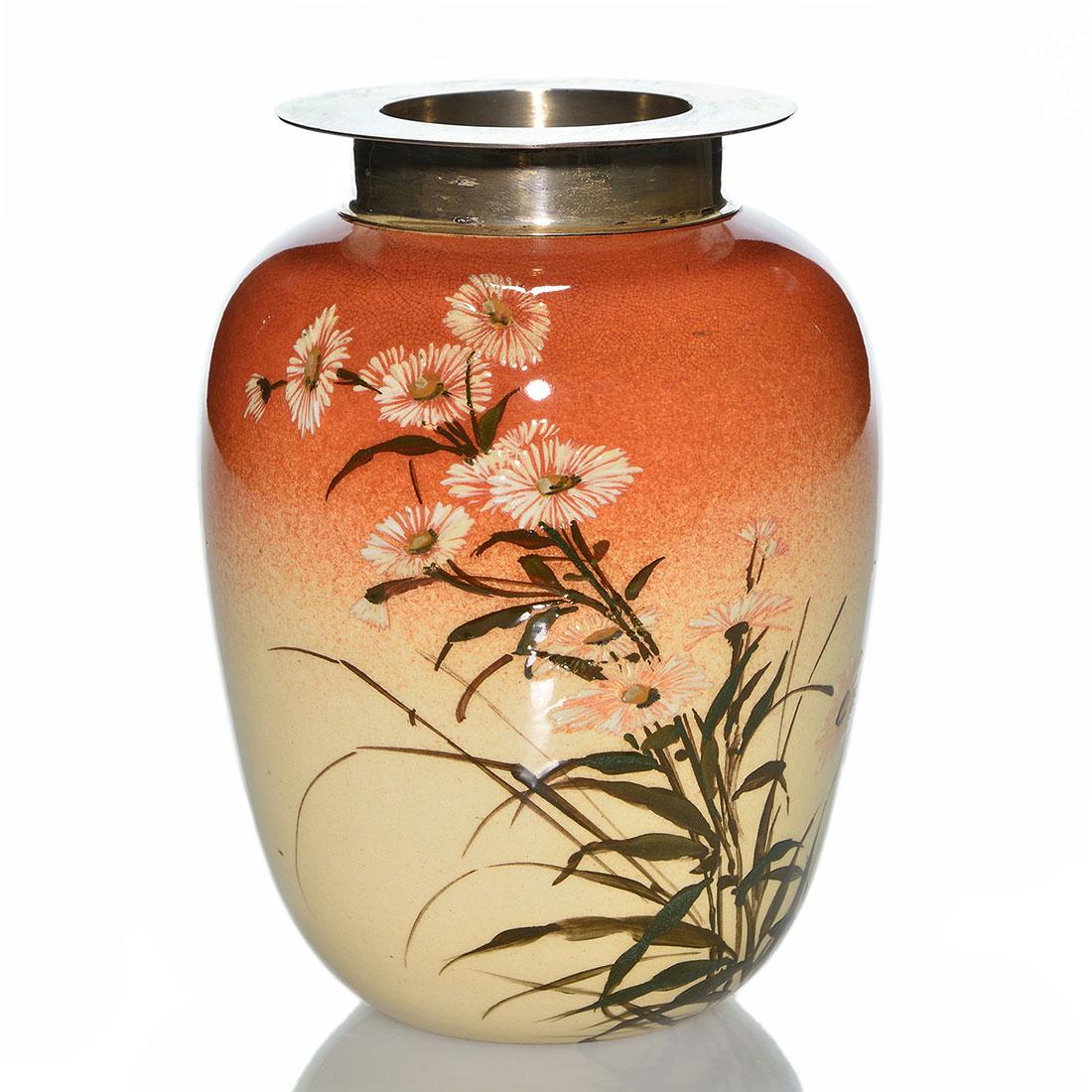 Unusual glossy Rookwood vase, daisies, Daly, ‘85, (1 of 2)