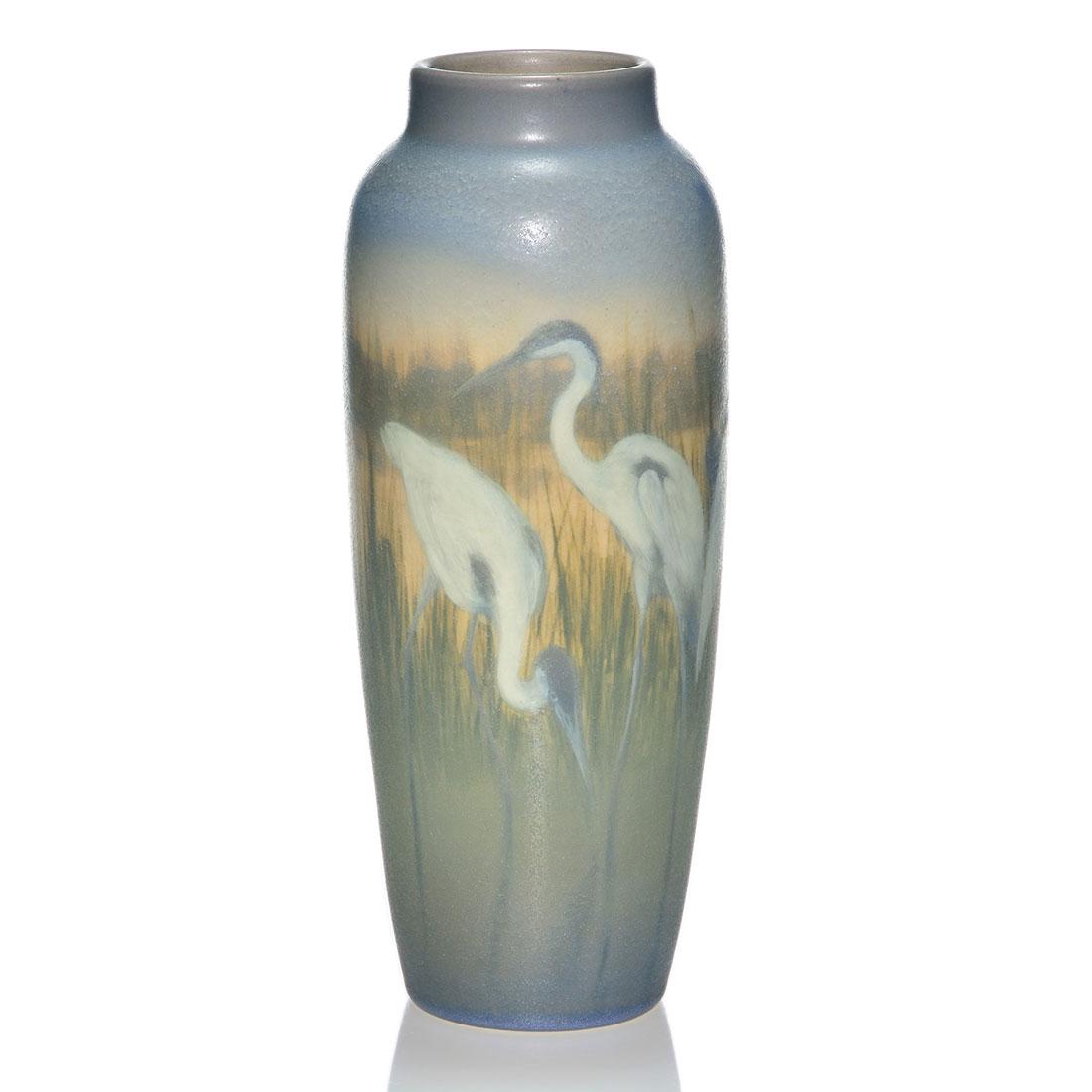 Rookwood Vellum vase, storks, Hurley, 1907, 10: Vellum glaze vase decorated with a quartet of storks in a marsh, the work of E.T. Hurley in 1907. Marks include the Rookwood logo, date, shape 907 DD, an impressed V for Vellum, an incised V for Vellu