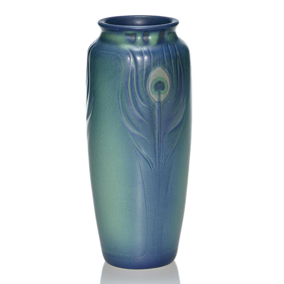 Rookwood Green Vellum vase, Sax, 1912, 904 D, 8: Green Vellum vase decorated with peacock feathers painted by Sara Sax in 1912. Marks include the Rookwood logo, date, shape 904 D, an impressed V for Vellum, an incised GV for Green Vellum glaze and t