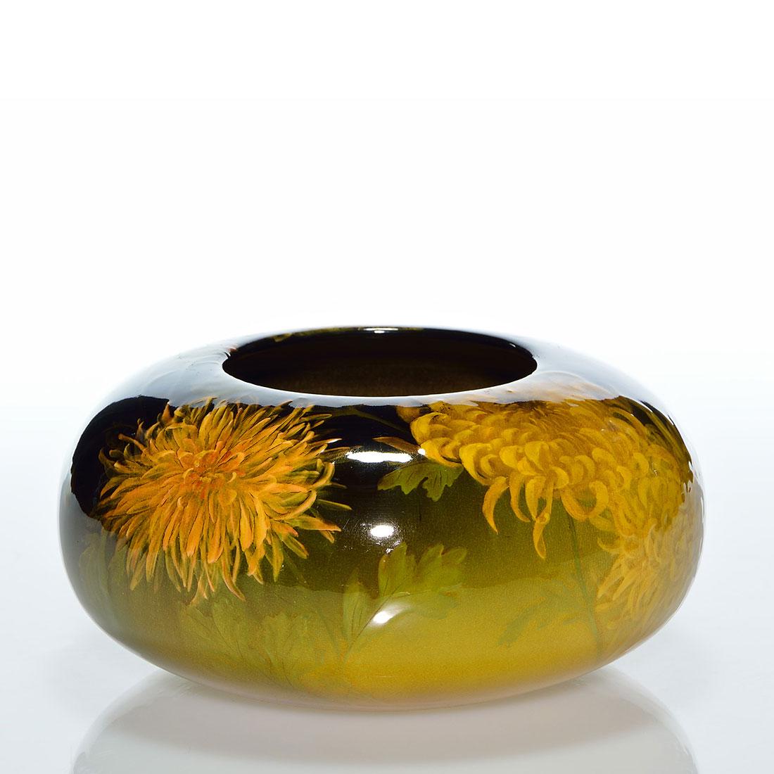 Rookwood Standard bowl, mums, Reed, 1898, 4” by: Rookwood Standard glaze bowl with lavish chrysanthemum decoration done in 1898 by Olga Geneva Reed. Marks include the company logo, which indicates the date, shape number 214 A, a star shaped esoteric
