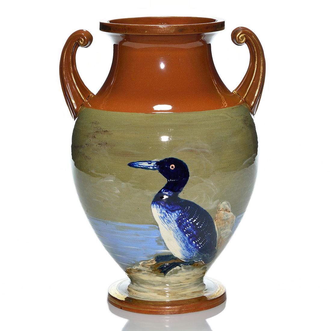 Tall Matt Morgan handled vase, Loon, McC, 11 3/4” (1 of 2)
