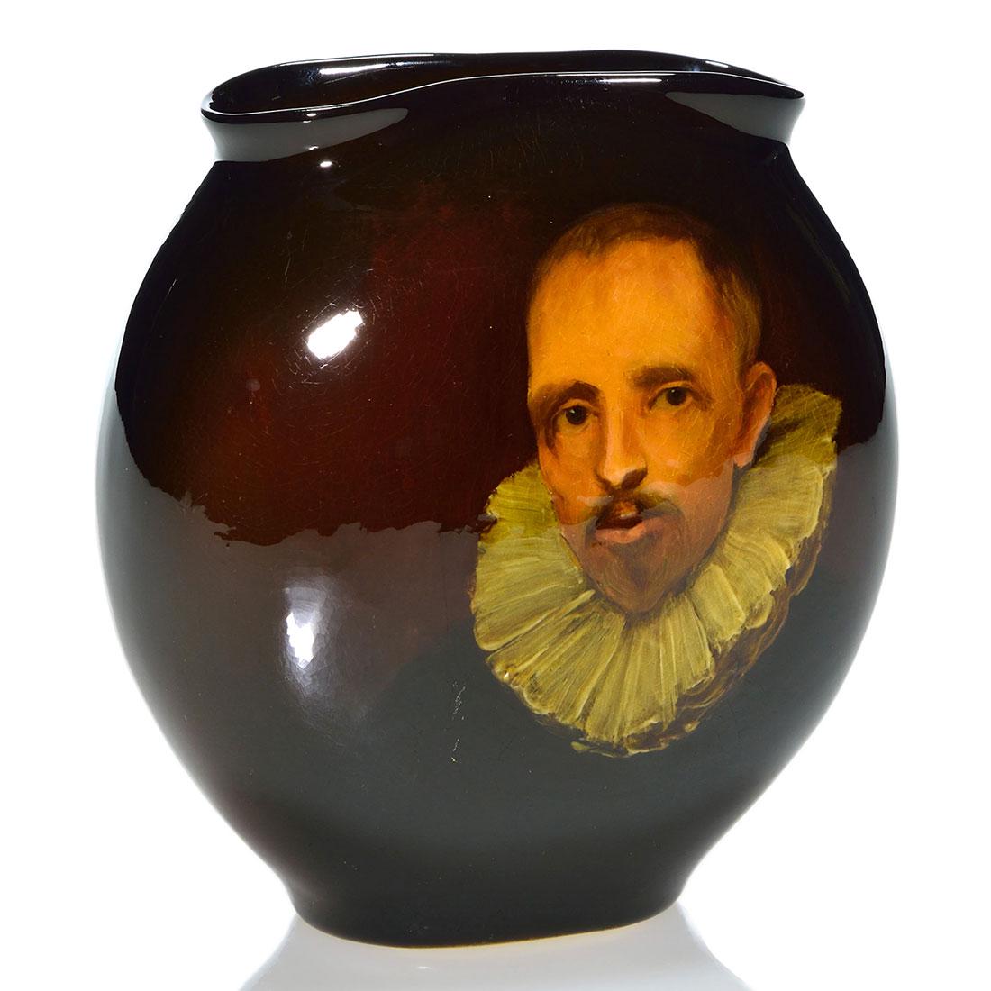 Rookwood Standard vase, Cavalier, Daly,1897,5 5/8”: Standard glaze pillow vase decorated with the portrait of a Cavalier, the work of Matthew Daly in 1897. Marks include the Rookwood logo, which indicates the date, shape 707 B, Mr. Daly’s monogra