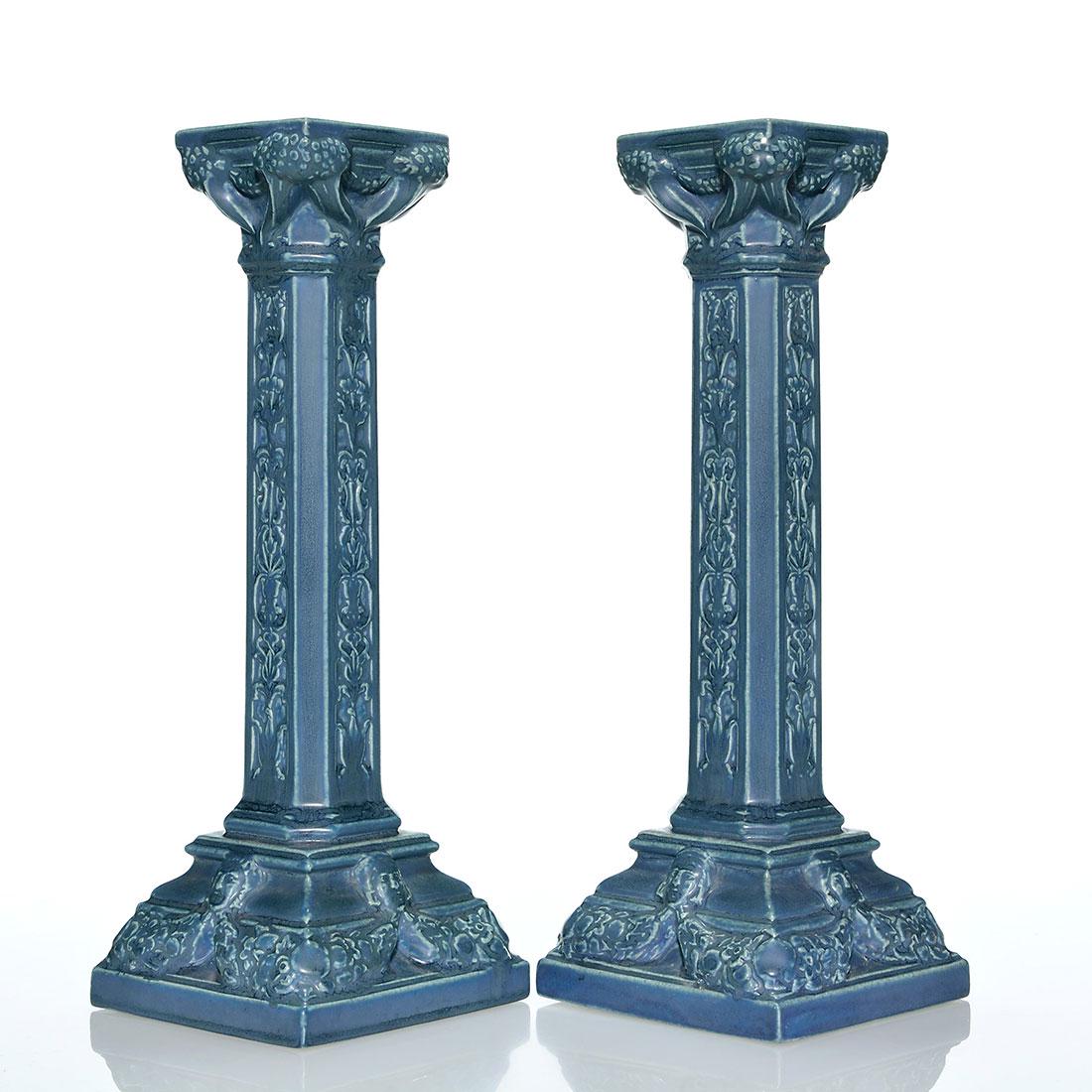Rookwood Blue mat candlesticks, 1920, 13 1/2” (1 of 2)