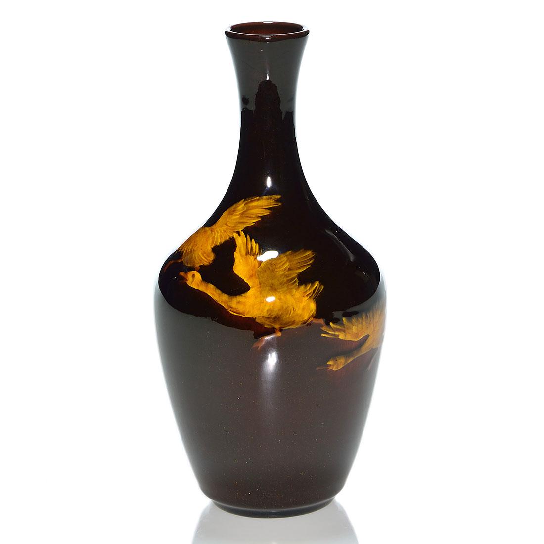 Rookwood Mahogany vase, Geese, Daly, 1895, 7 3/8” (1 of 3)