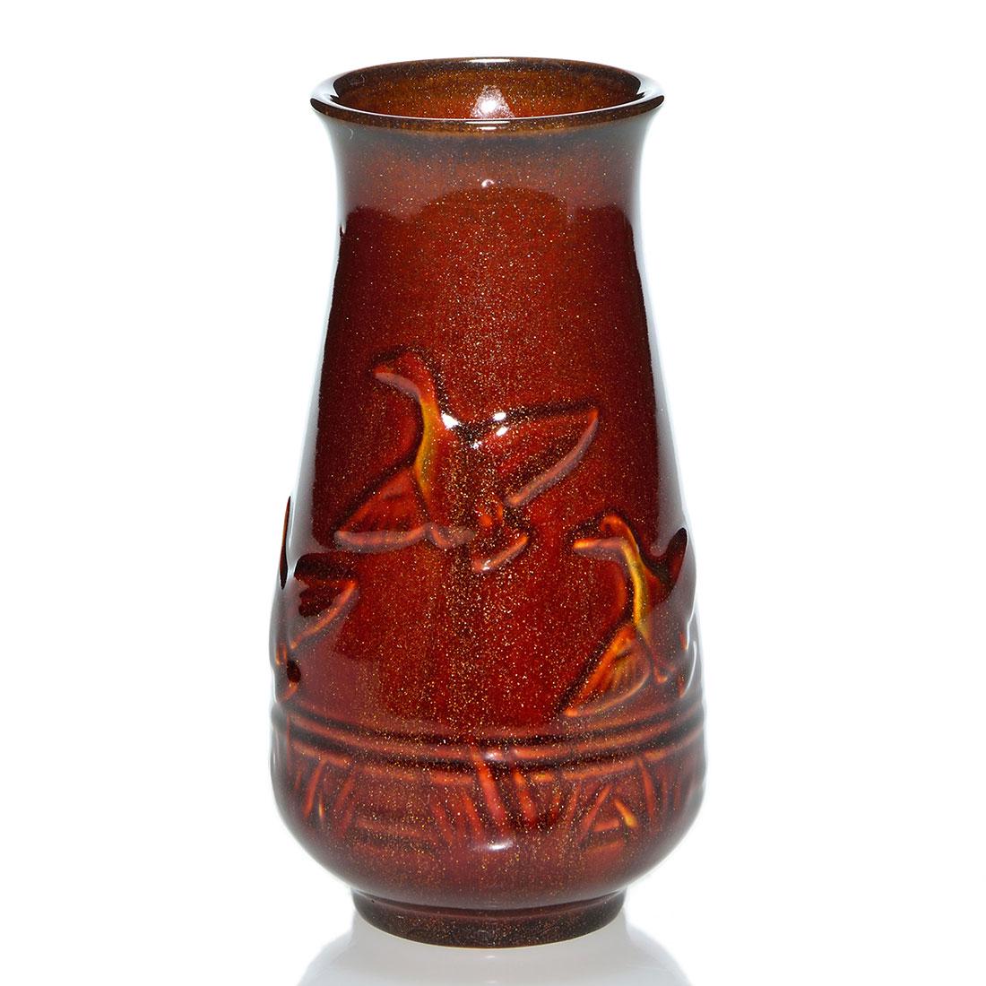 Rookwood Coromandel glaze vase,geese,1934,6550,6”: Production vase with molded geese, a Shirayamadani design, cast in 1934 and covered with a great example of the Coromandel glaze. Marks include the Rookwood logo, date and shape 6550. Excellent origin