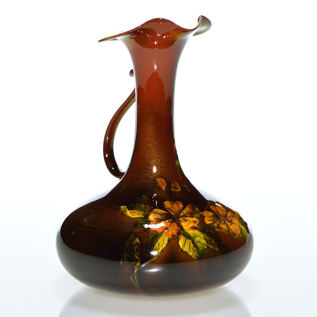 Rookwood Standard ewer, Valentien, 1889, 6 7/8”: Standard glaze ewer with nasturtiums painted by Anna Marie Valentien in 1889. Marks include the Rookwood logo, which indicates the date, shape 433, an impressed S for Sage green clay, an incised L for