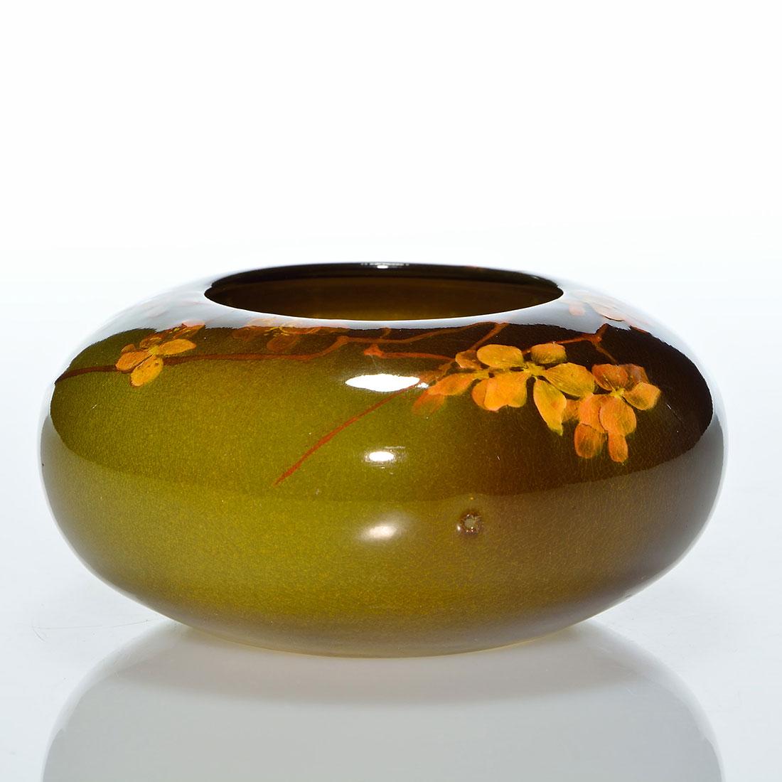 Rookwood Standard bowl, Hurley, 1896, 214 C, 5: Standard glaze bowl decorated with apple blossoms painted by E.T. Hurley in 1896. Marks include the Rookwood logo, which indicates the date, shape 214 C and Mr. Hurley’s incised monogram. There