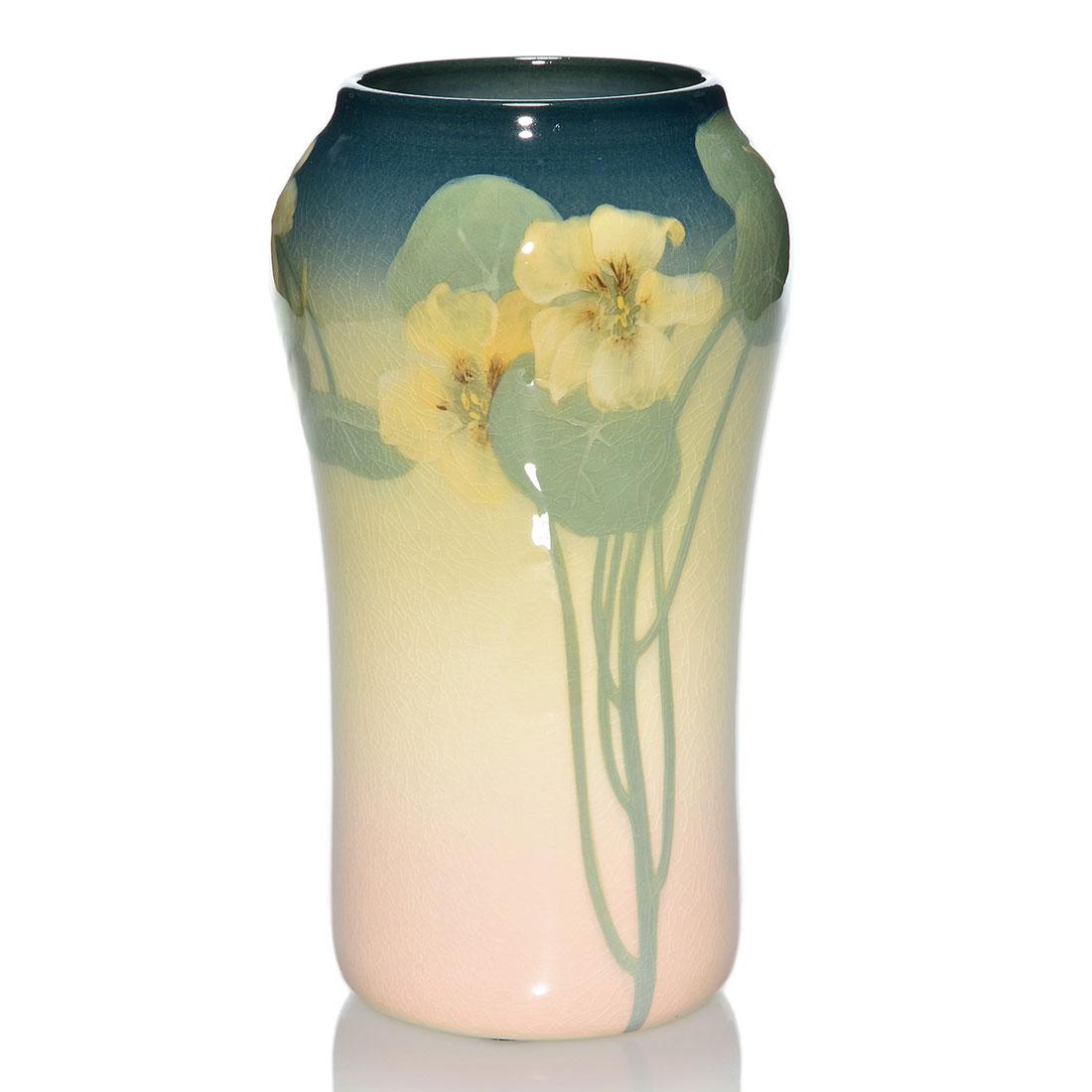 Rookwood Iris vase, nasturtiums,Sax,1907, 935 C,8: Iris Glaze 8 7/8 inch vase decorated by Sara Sax in 1907 with yellow nasturtiums going around the vase, the wispy stems flowing to the base in an Art Nouveau like fashion. Impressed with the Rookwood