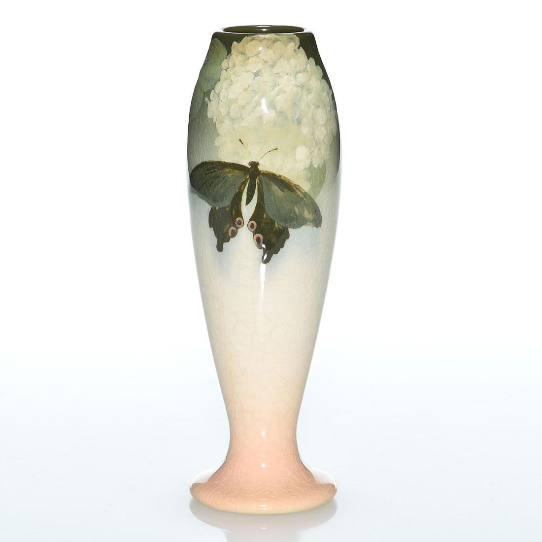 Rookwood Iris vase, butterfly, 8 5/8”, Bishop, (1 of 2)