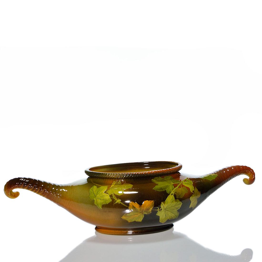 Rookwood horn handled center vase, 23”, ivy, (1 of 2)