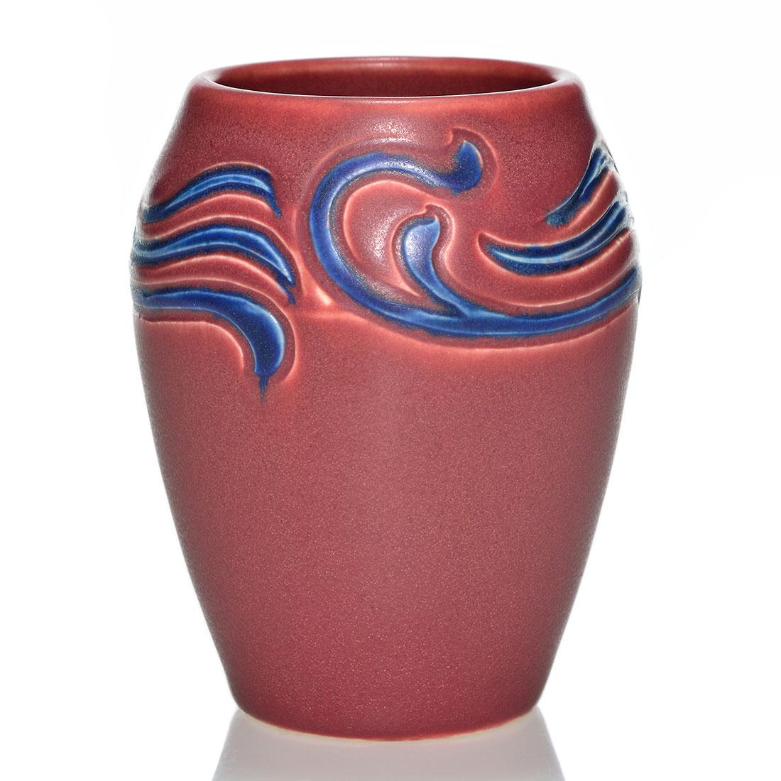 Rookwood carved Vellum, Sax,1905, feathers, 4 3/4”: Rookwood Vellum vase with what appear to be carved and stylized peacock feathers done in 1905 by Sara Sax. Marks include the company logo, the date, shape number 942 E, an impressed V, an incised V fo