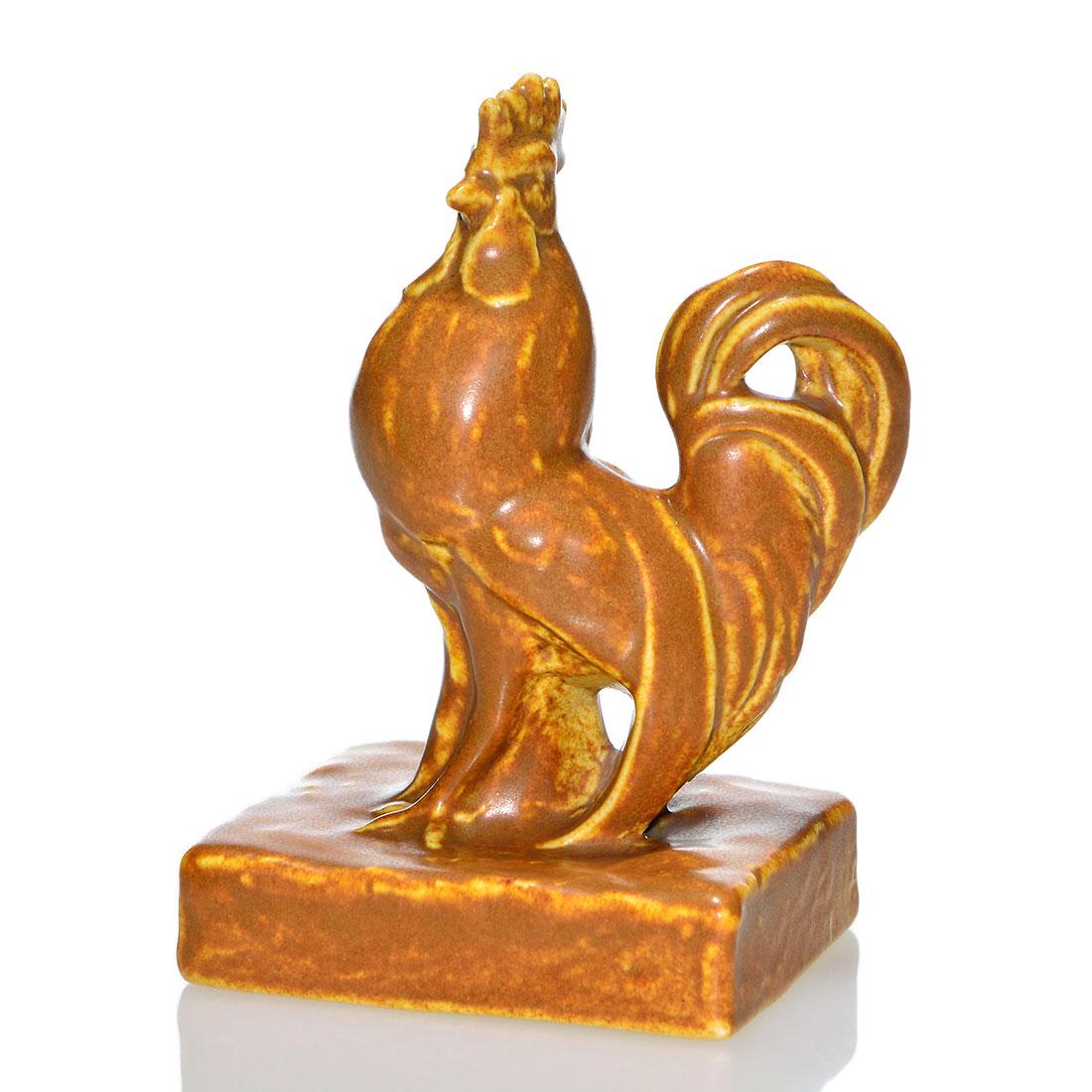 Rookwood Rooster paperweight, 1928, 6030, 5 inches: Rookwood Rooster paperweight, a William McDonald design, cast in 1928 and covered with brown over tan mat glazes. Marks include the Rookwood logo, date, shape 6030 and Mr. McDonald’s mold monogr