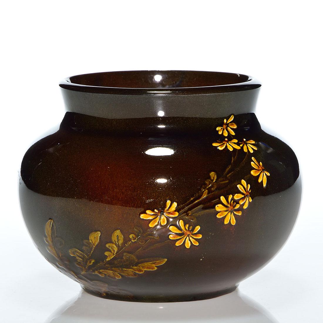 Rookwood Mahogany vase, AMB, Tiger Eye, 1886, 5: Mahogany glaze vase with patched of Tiger Eye and decorated with daisies painted by Anna Marie Bookprinter in 1886. Impressed ROOKWOOD, 1886, R for Red clay, shape 268 C and incised with Ms. Bookprint