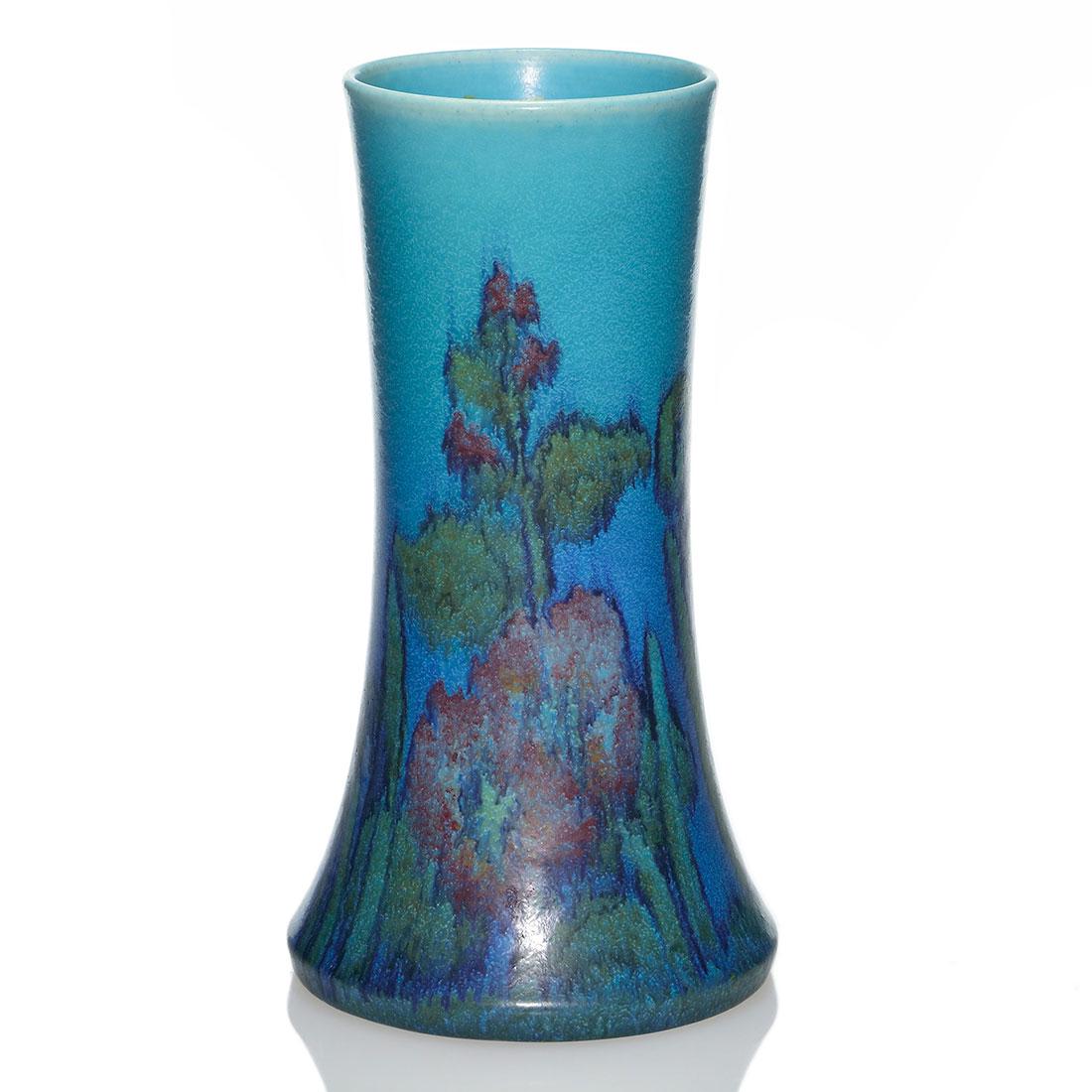 Rookwood Mat floral vase, Tischler, 1922, 1358C, 10 7/8: Mat glaze vase with abstract floral decoration painted by Vera Tischler in 1922. Marks include the Rookwood logo, date, shape 1358 C and Ms. Tischlers initials in dark slip. Excellent original conditi