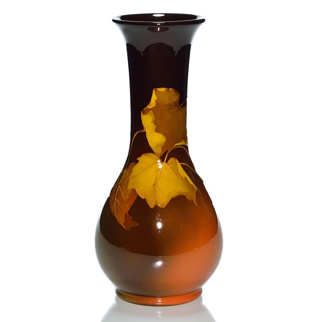 Rookwood Standard vase,leaves,Fechheimer,1900,10 1/2: Standard glaze vase decorated with maple leaves painted by Rose Fechheimer in 1900. Marks include the Rookwood logo, which indicates the date, shape 846 C and Ms. Fechheimer’s incised monogram.