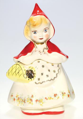 Hull 13" "Red Riding Hood" cookie jar, 1943: Hull Pottery Little Red Riding Hood cookie jar in the form of the famous fairy tale character. Impressed with the Hull Ware name, the character's name, the information that the patent has been applied
