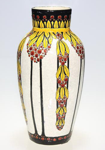 Boch Freres crackled enamel, berries, leaves, 15 7: Early Charles Catteau design for Boch Freres. A tall crackled enamel vase with vertical groups of stylized flowers and leaves in red, yellow and black on a white ground. This is design number D. 746 a