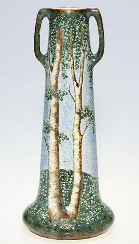 Amphora Riessner 13" vase painted by Heller Scherb: Late Amphora Works vase by Riessner, circa 1920s, depicting two tall birch trees growing from a nicely mottled green field, against a nicely mottled blue sky, the work of Heller Scherben. Impressed "1