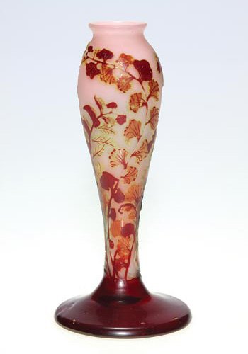 Galle' cameo lamp vase, ferns, 9 1/4": Galle cameo lamp base with stalks of maidenhair ferns arranged about the circumference. The foliage in burgundy red and placed over frosty pink. Cameo signature. Height 9 1/4 inches. Tool marks on the