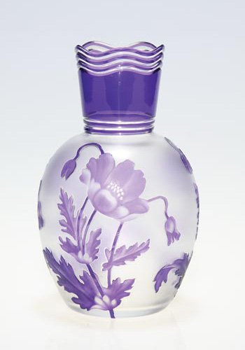 Val St. Lambert cameo vase, violet, 7 3/8" : Val St Lambert cameo vase with poppies arranged in triplet about the circumference, the violet design set against a frosty ground. Wavy designs were cut into the neck. Height 7 3/8 inches. The firms s