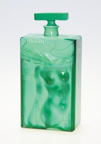 Deco Malachite perfume, Hoffman attribute, 6 1/2": Czechoslovakia Art Deco malachite perfume bottle and stopper, Heinrich Hoffman attribution. The front of the bottle exposes, in high relief, a nude maiden with long hair, her arms draped in cloth. The