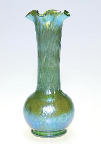 Loetz "Rusticana" vase, silver blue, 9": Good Loetz Rusticana vase, the pattern emulating the bark of a tree. The silvery blue vessel rises 9 inches to the ruffled rim. Excellent condition.