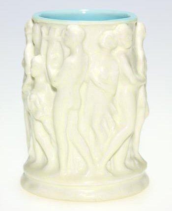 Rookwood Production vase, nudes, Abel, 4 3/4": Production 4 3/4 inch vase designed by Louise Abel, who encircled every bit of the perimeter of the vase with mostly naked men, women and children. The vase, cast in 1922, is glazed on the exterior wi
