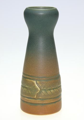 Rookwood mat, carved overlapping belts, Todd: Mat glaze 6 1/4 inch vase with incised and colored decoration that looks like overlapping belts, the work of Charles Todd in 1911. Impressed with the Rookwood symbol, the date, shape 1656 F and a V fo