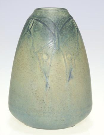 Rookwood Mat, incised moths, Todd, 6 1/8": Mat Glaze vase incised and colored by Charles Todd in 1912 with moths. Impressed with the Rookwood insignia, the date and shape 1921 and incised with the artist's mark. There is fine overall crazing a