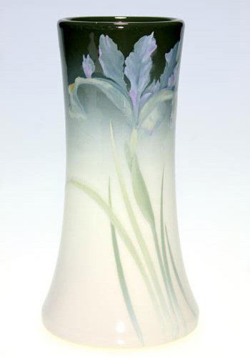 Rookwood Iris Glaze, Bishop, irises, 6 7/8": Iris Glaze 6 7/8 vase decorated in 1908 by Irene Bishop with colorful irises front and rear. Impressed with the Rookwood symbol, the date and shape 1358 E and incised with a W for Iris Glaze and with