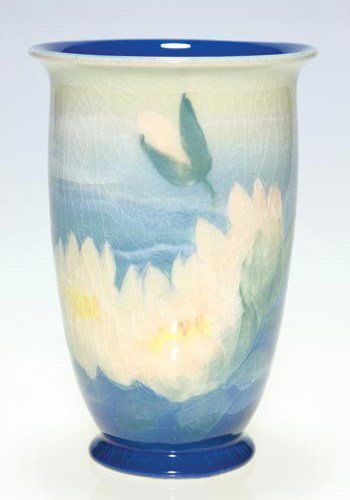 Rookwood Design Crystal, Hurley, lotus, 1944, 6.5: Designed Crystal 6 1/2 inch vase decorated with lotus blossoms by E.T. Hurley in 1944. Impressed with the Rookwood logo, the date and shape 6357 and incised with the artist's monogram. There is overal