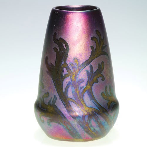 Weller Sicard vase, ferns, signed Weller Sicard, 4 3/4": Weller Sicard 4 3/4 inch vase, decorated by Jacques Sicard with fernery. Incised on bottom with number 73 and signed Weller Sicard on the side. There is overall crazing and two tight lines descend fro