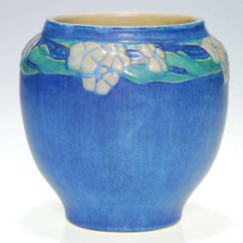 Newcomb mat glaze 4 5/8" vase, carved flora, AFS: Newcomb Pottery 4 5/8 inch vase decorated with a band of periwinkles encircling the shoulder, carved and painted by by Anna Frances Simpson in 1920. Impressed with the Newcomb insignia, the QF 20 date