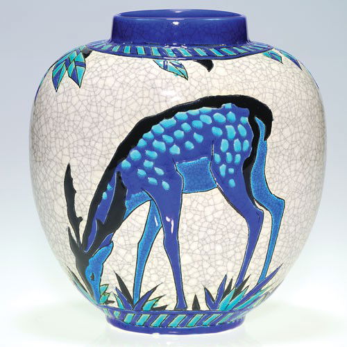 Boch Freres crackle ware oval 9 1/4" vase, deer: Boch Freres crackle ware oval vase featuring a grazing deer on both sides of the vessel, a Charles Catteau design. Impressed with shape 1291 and bearing Keramis Made in Belgium and Ch. Catteau, design