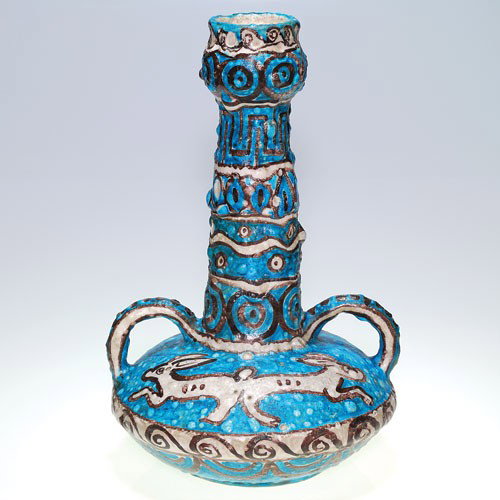 Vietri Pottery vase, rabbits, V. Pinto, 16 1/4": Vietri Pottery twin handled vase with rabbit decoration done by V. Pinto. Done in a thick volcanic glaze, the Italian vase stands 16 1/4 inches tall and is in excellent original condition. Signed on t
